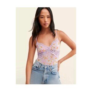 Free People Lavender Floral Lace Trim Top